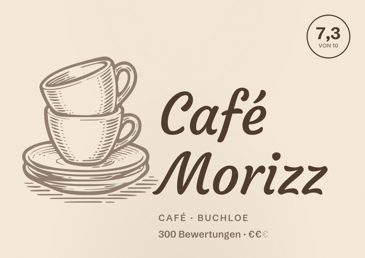 Illustriertes Poster von Café Morizz, Café in Buchloe: Bewertung 7,3 von 10 aus 300 Bewertungen, Preisniveau €€