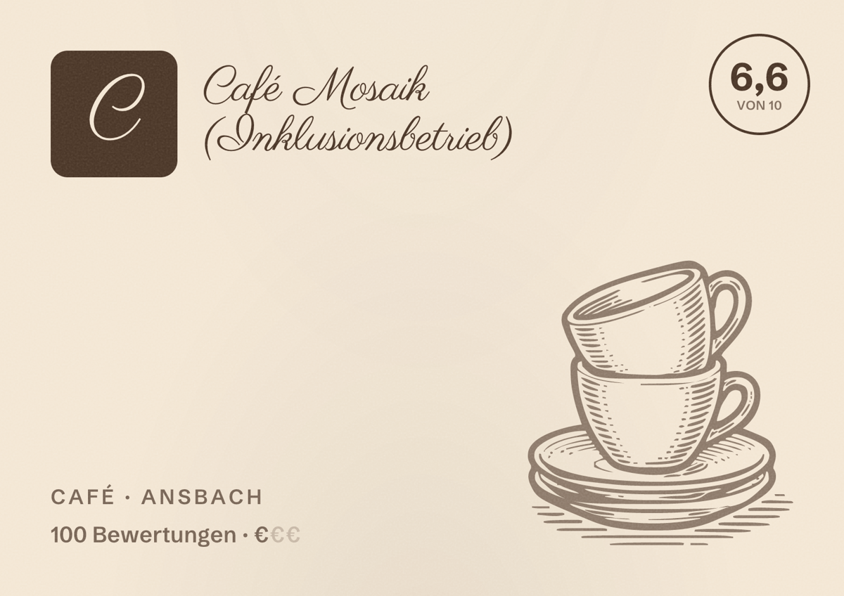 Illustriertes Poster von Café Mosaik (Inklusionsbetrieb), Café in Ansbach: Bewertung 6,6 von 10 aus 100 Bewertungen, Preisniveau €