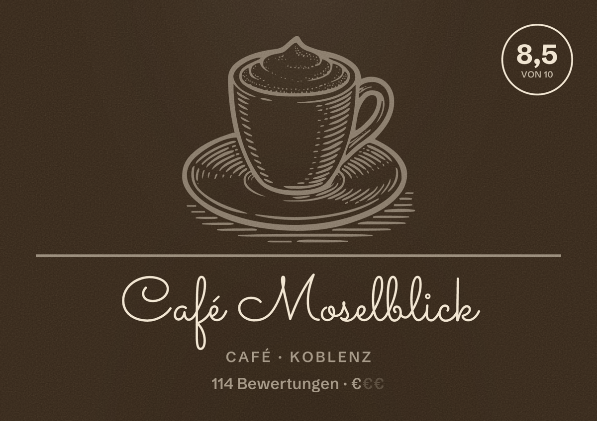 Illustriertes Poster von Café Moselblick, Café in Koblenz: Bewertung 8,5 von 10 aus 114 Bewertungen, Preisniveau €