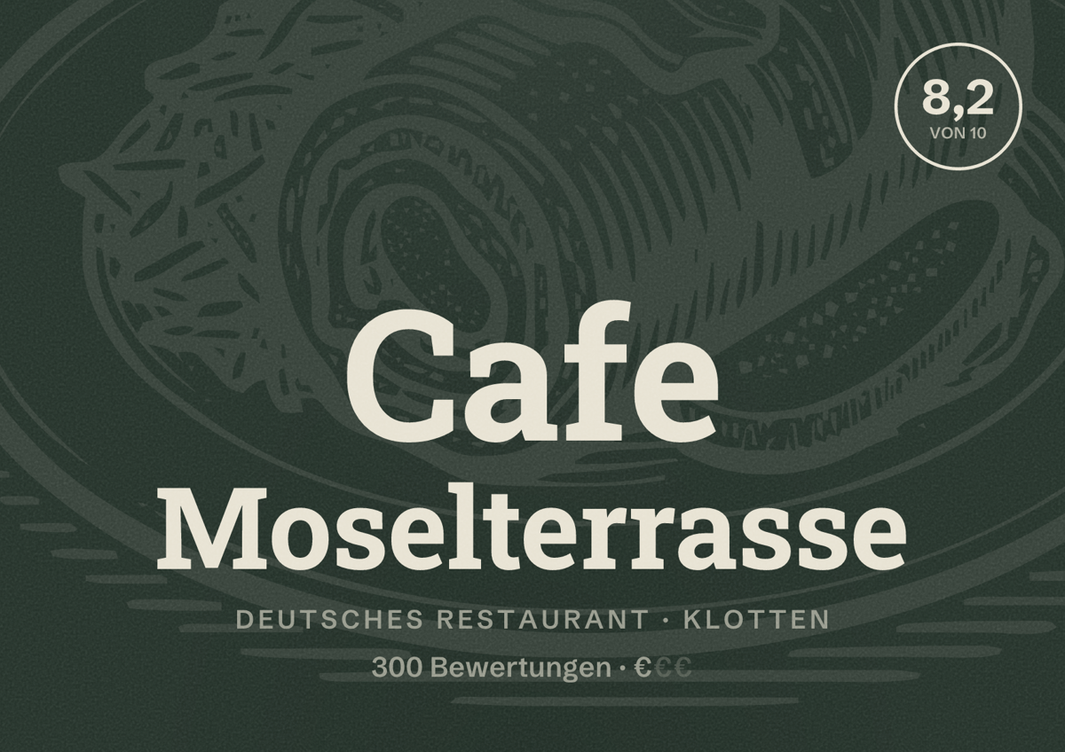 Illustriertes Poster von Cafe Moselterrasse, Deutsches Restaurant in Klotten: Bewertung 8,2 von 10 aus 300 Bewertungen, Preisniveau €