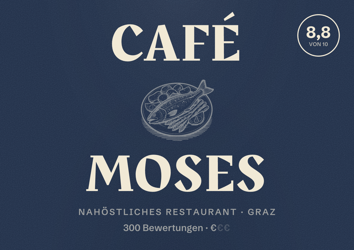 Illustriertes Poster von Café Moses, Nahöstliches Restaurant in Graz: Bewertung 8,8 von 10 aus 300 Bewertungen, Preisniveau €