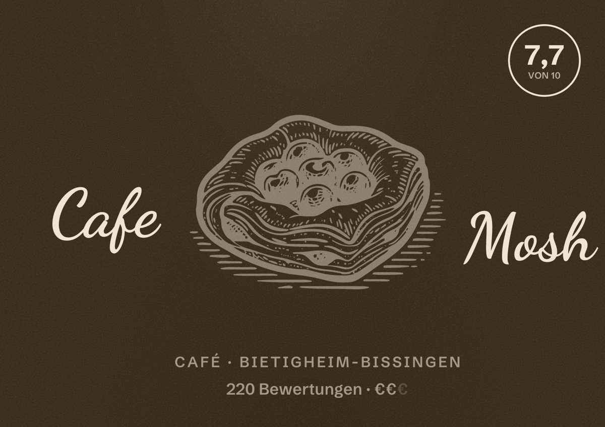 Illustriertes Poster von Cafe Mosh, Café in Bietigheim-Bissingen: Bewertung 7,7 von 10 aus 220 Bewertungen, Preisniveau €€