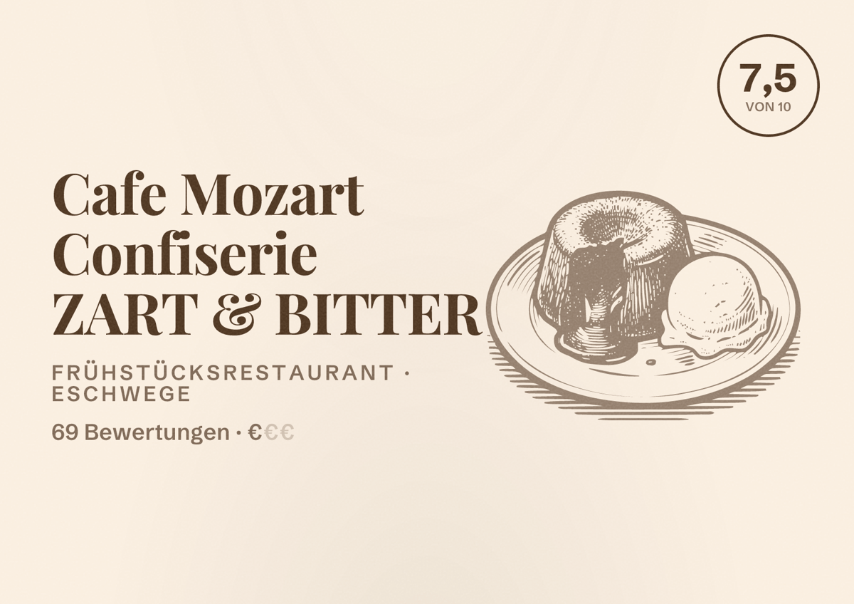 Illustriertes Poster von Cafe Mozart Confiserie ZART & BITTER, Frühstücksrestaurant in Eschwege: Bewertung 7,5 von 10 aus 69 Bewertungen, Preisniveau €