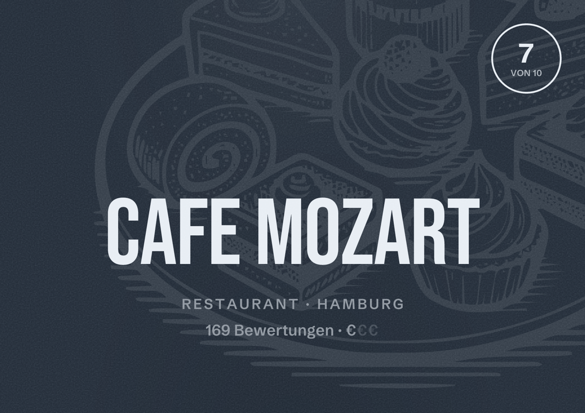 Illustriertes Poster von Cafe Mozart, Restaurant in Hamburg: Bewertung 7,0 von 10 aus 169 Bewertungen, Preisniveau €