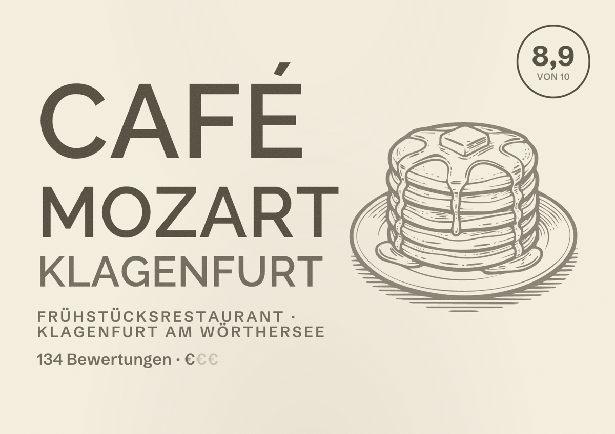 Illustriertes Poster von Café Mozart Klagenfurt, Frühstücksrestaurant in Klagenfurt am Wörthersee: Bewertung 8,9 von 10 aus 134 Bewertungen, Preisniveau €