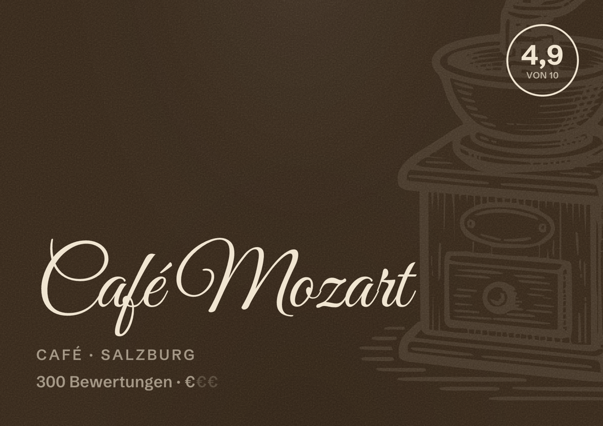 Illustriertes Poster von Café Mozart, Café in Salzburg: Bewertung 4,9 von 10 aus 300 Bewertungen, Preisniveau €