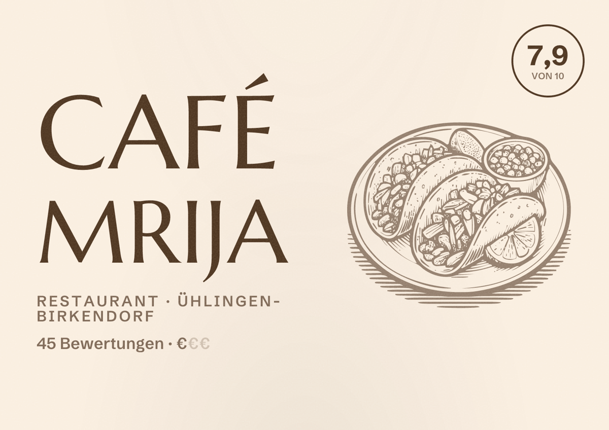 Illustriertes Poster von Café Mrija, Restaurant in Ühlingen-Birkendorf: Bewertung 7,9 von 10 aus 45 Bewertungen, Preisniveau €