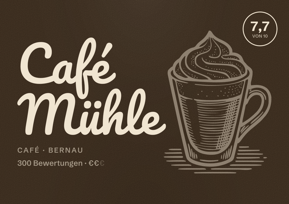 Illustriertes Poster von Café Mühle, Café in Bernau: Bewertung 7,7 von 10 aus 300 Bewertungen, Preisniveau €€