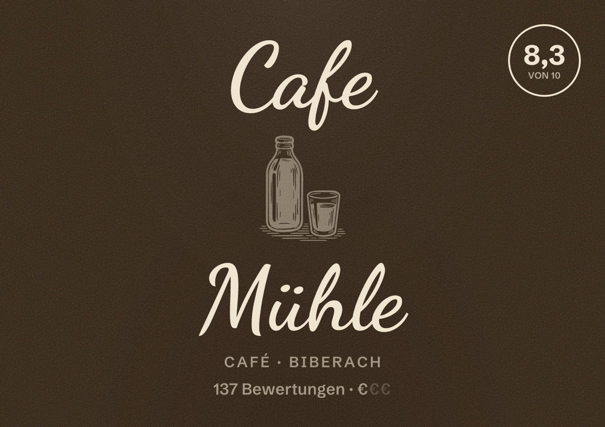 Illustriertes Poster von Cafe Mühle, Café in Biberach: Bewertung 8,3 von 10 aus 137 Bewertungen, Preisniveau €