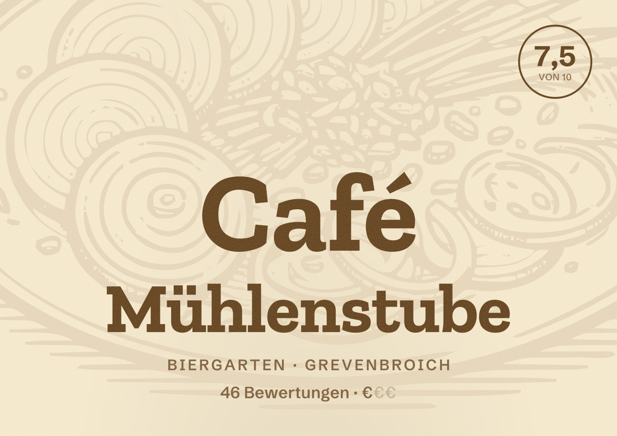 Illustriertes Poster von Café Mühlenstube, Biergarten in Grevenbroich: Bewertung 7,5 von 10 aus 46 Bewertungen, Preisniveau €