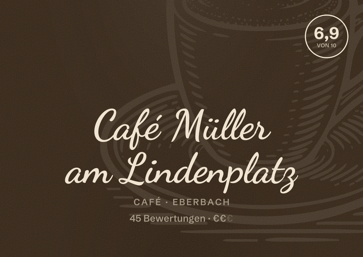 Illustriertes Poster von Café Müller am Lindenplatz, Café in Eberbach: Bewertung 6,9 von 10 aus 45 Bewertungen, Preisniveau €€