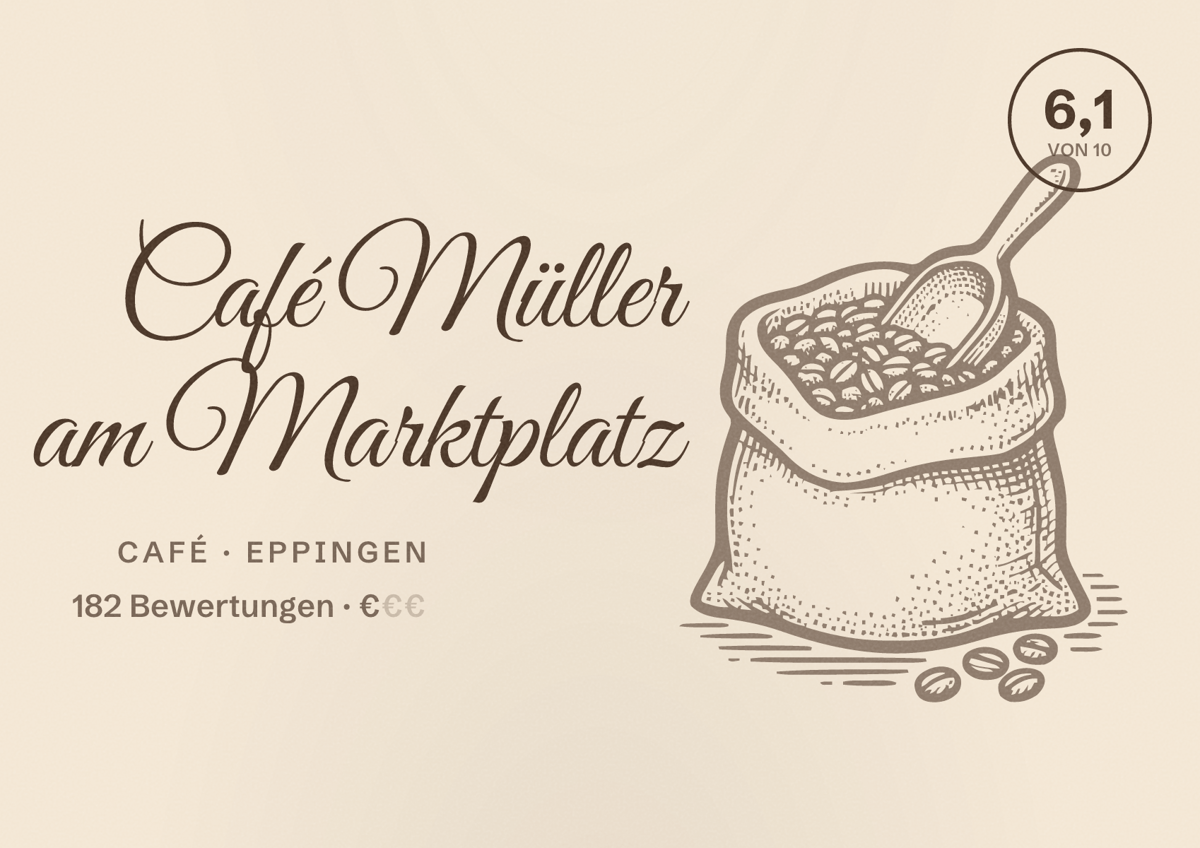Illustriertes Poster von Café Müller am Marktplatz, Café in Eppingen: Bewertung 6,1 von 10 aus 182 Bewertungen, Preisniveau €