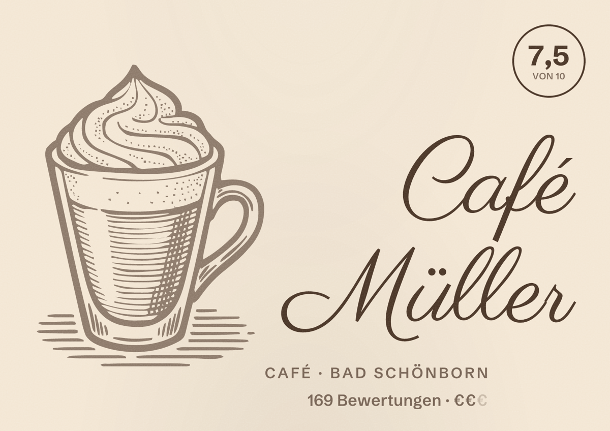 Illustriertes Poster von Café Müller, Café in Bad Schönborn: Bewertung 7,5 von 10 aus 169 Bewertungen, Preisniveau €€