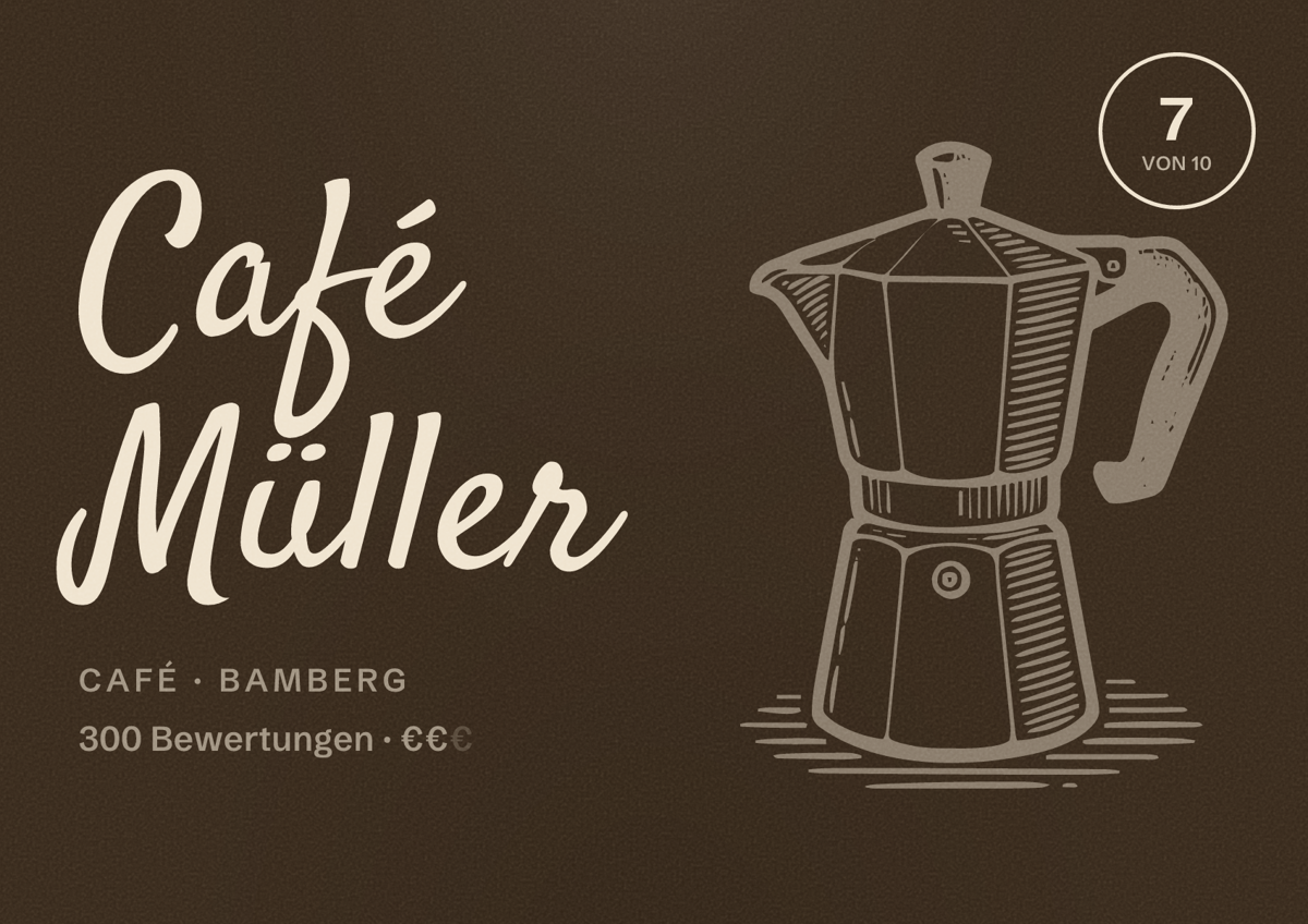 Illustriertes Poster von Café Müller, Café in Bamberg: Bewertung 7 von 10 aus 300 Bewertungen, Preisniveau €€
