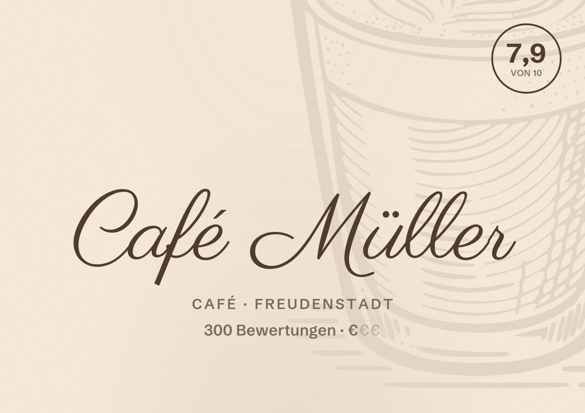 Illustriertes Poster von Café Müller, Café in Freudenstadt: Bewertung 7,9 von 10 aus 300 Bewertungen, Preisniveau €