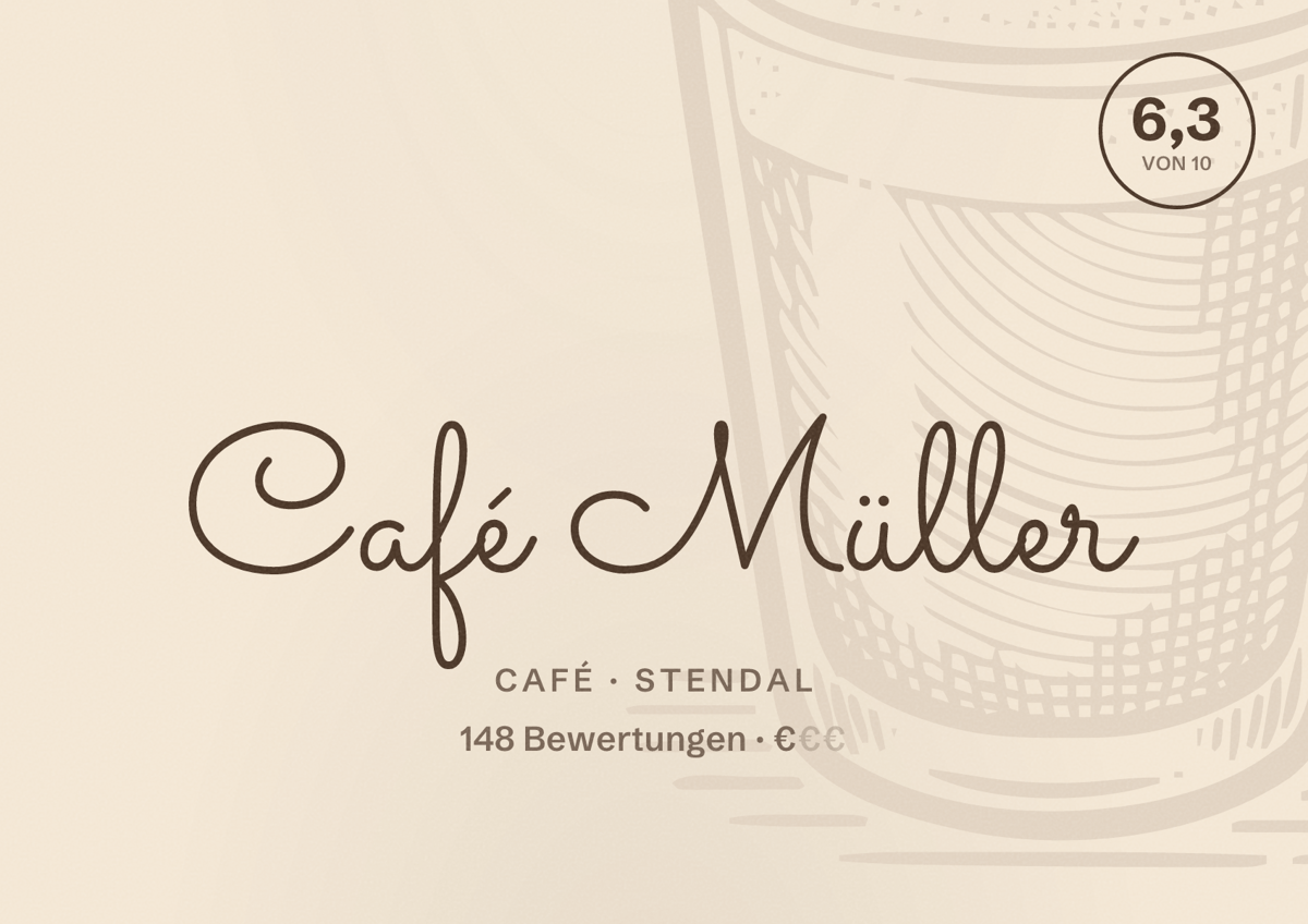 Illustriertes Poster von Café Müller, Café in Stendal: Bewertung 6,3 von 10 aus 148 Bewertungen, Preisniveau €