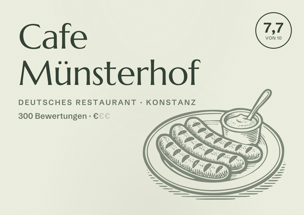 Illustriertes Poster von Cafe Münsterhof, Deutsches Restaurant in Konstanz: Bewertung 7,7 von 10 aus 300 Bewertungen, Preisniveau €