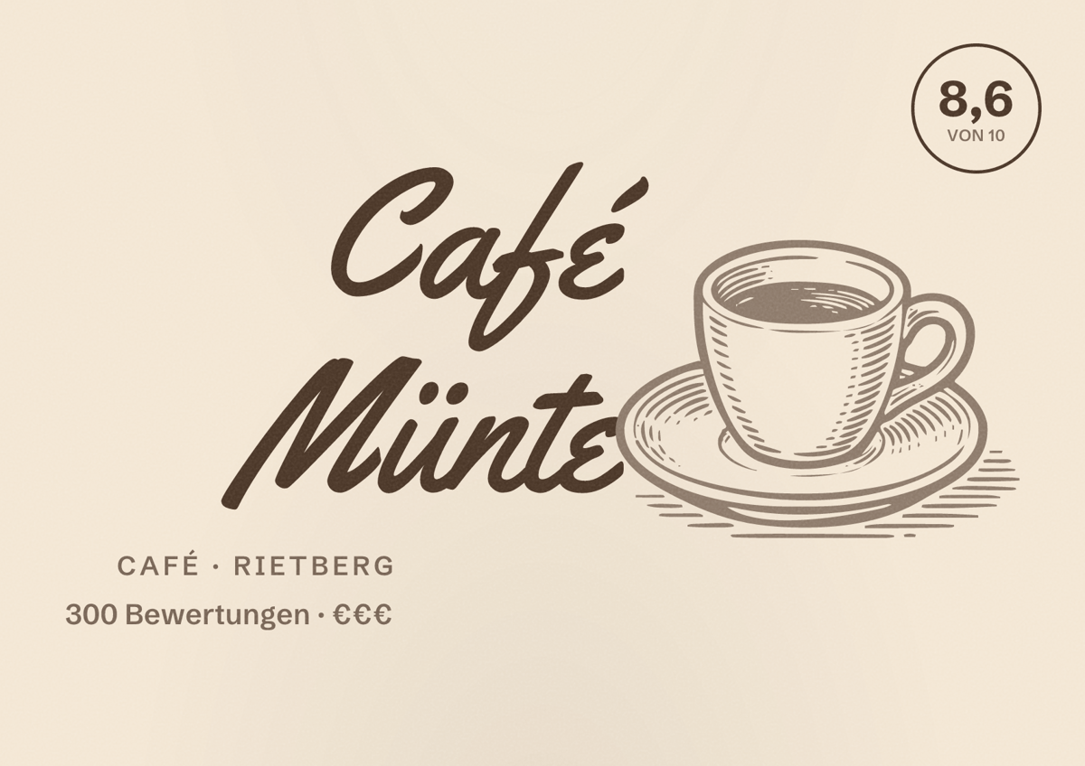 Illustriertes Poster von Café Münte, Café in Rietberg: Bewertung 8,6 von 10 aus 300 Bewertungen, Preisniveau €€€