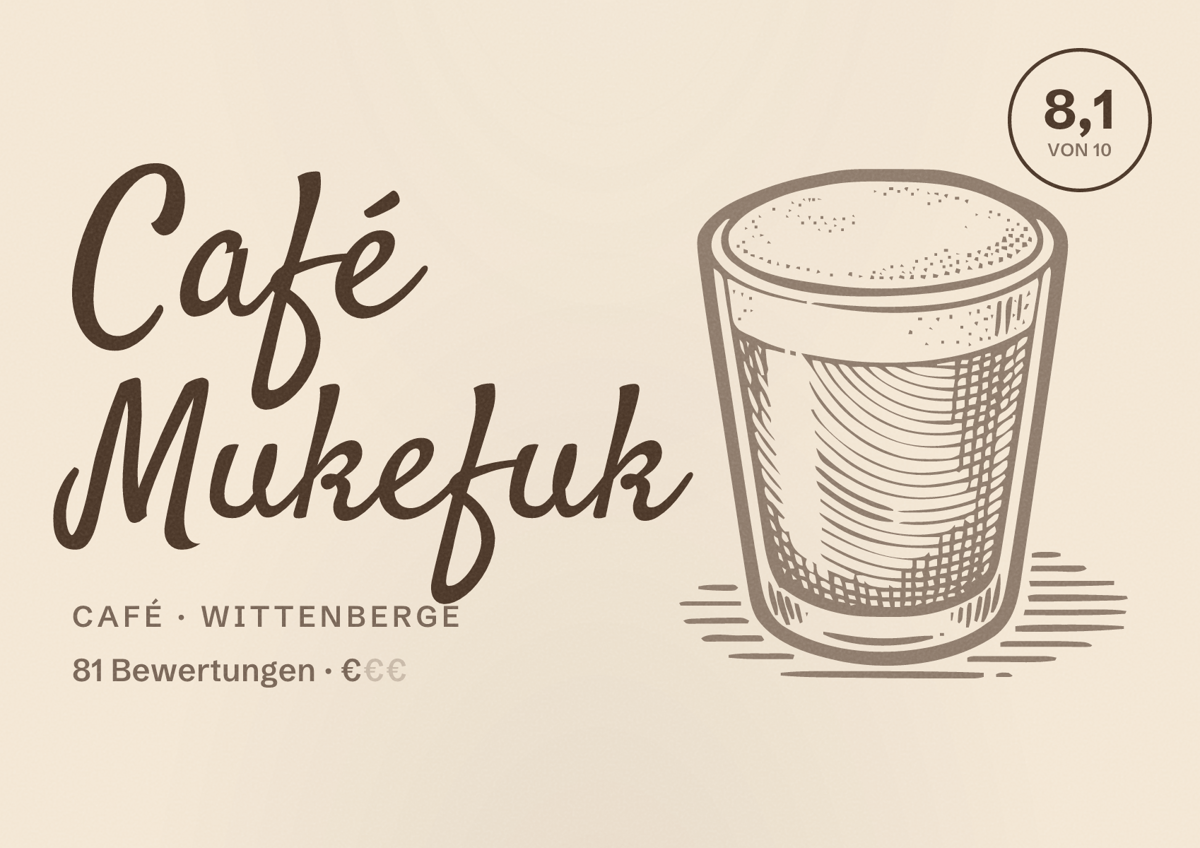 Illustriertes Poster von Café Mukefuk, Café in Wittenberge: Bewertung 8,1 von 10 aus 81 Bewertungen, Preisniveau €