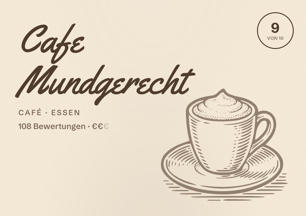 Illustriertes Poster von Cafe Mundgerecht, Café in Essen: Bewertung 9 von 10 aus 108 Bewertungen, Preisniveau €€