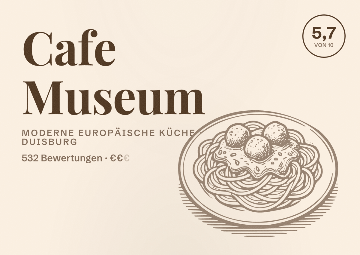 Illustriertes Poster von Cafe Museum, Moderne europäische Küche in Duisburg: Gästebewertung 5,7 von 10 aus 532 Bewertungen