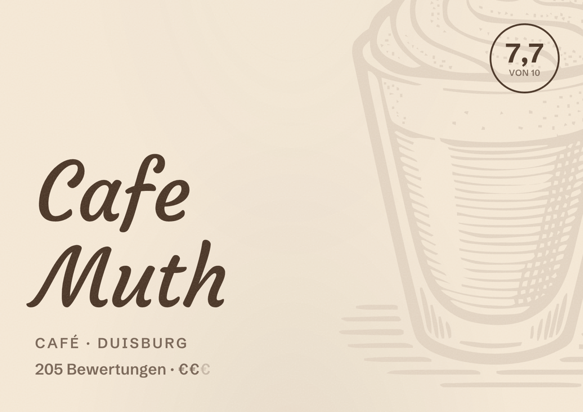 Illustriertes Poster von Cafe Muth, Café in Duisburg: Bewertung 7,7 von 10 aus 205 Bewertungen, Preisniveau €€