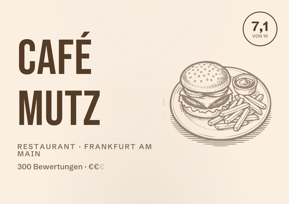 Illustriertes Poster von Café Mutz, Restaurant in Frankfurt am Main: Bewertung 7,1 von 10 aus 300 Bewertungen, Preisniveau €€