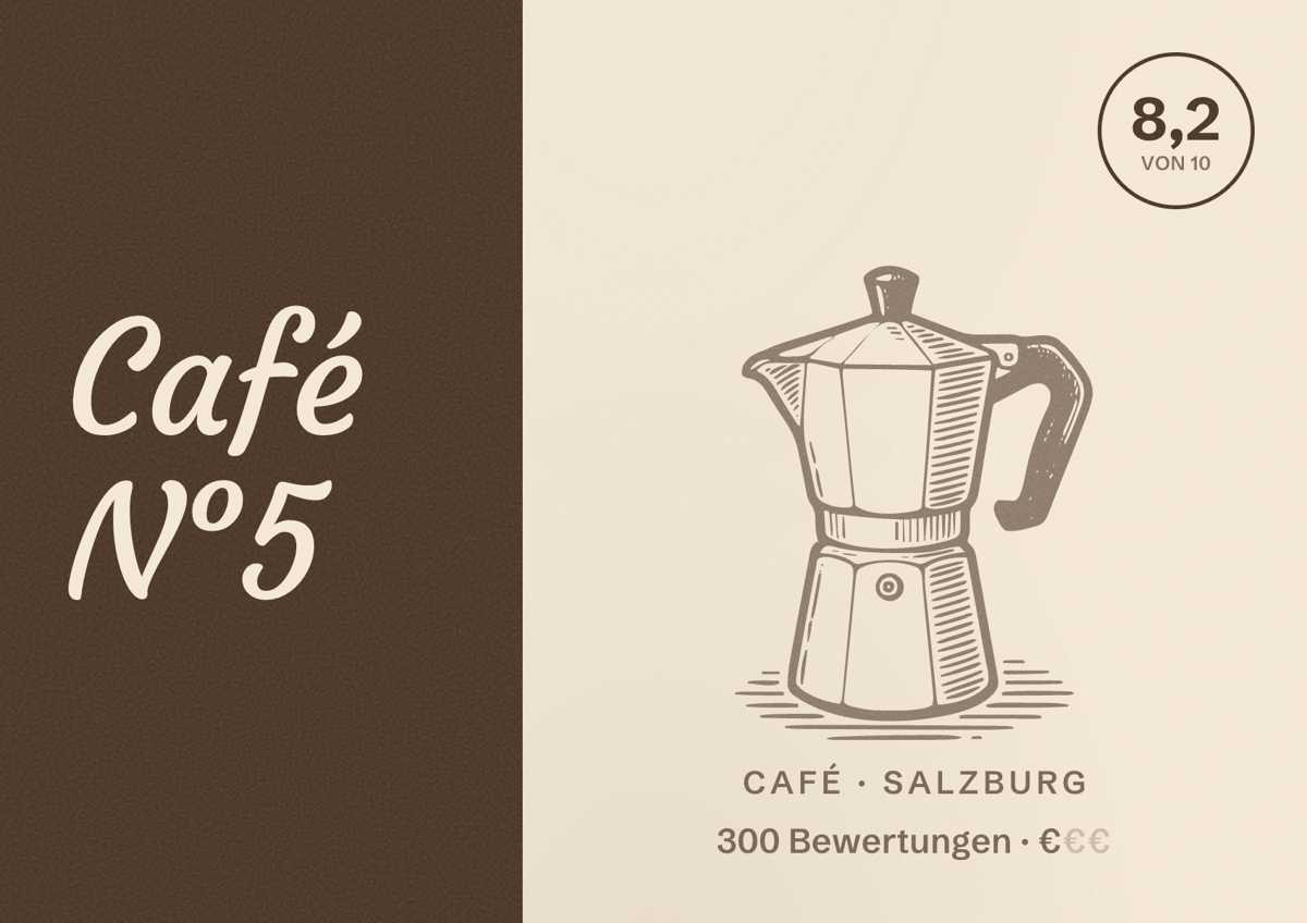 Illustriertes Poster von Café N°5, Café in Salzburg: Bewertung 8,2 von 10 aus 300 Bewertungen, Preisniveau €