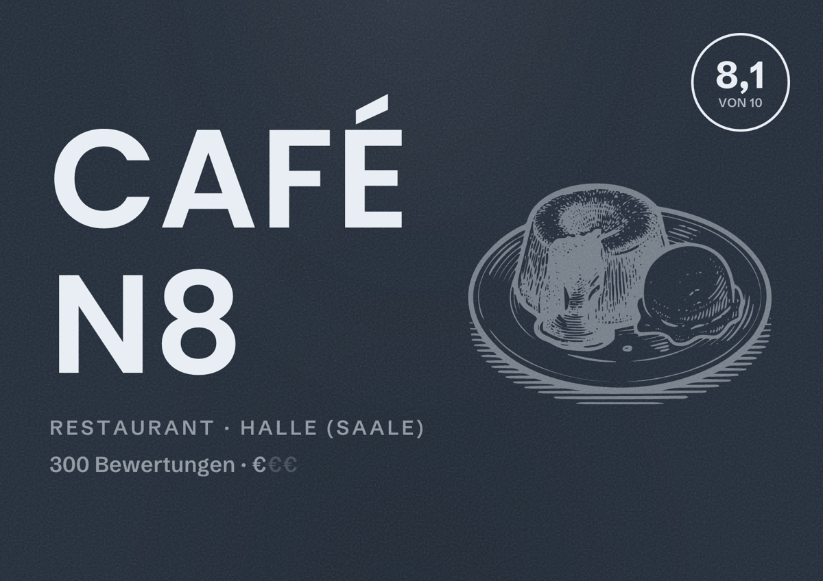 Illustriertes Poster von Café N8, Restaurant in Halle (Saale): Bewertung 8,1 von 10 aus 300 Bewertungen, Preisniveau €