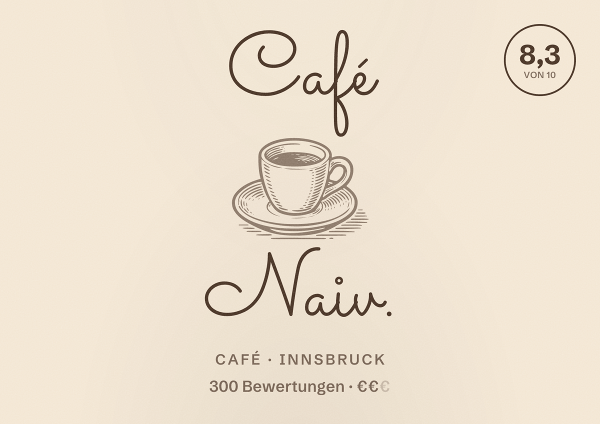 Illustriertes Poster von Café Naiv., Café in Innsbruck: Bewertung 8,3 von 10 aus 300 Bewertungen, Preisniveau €€