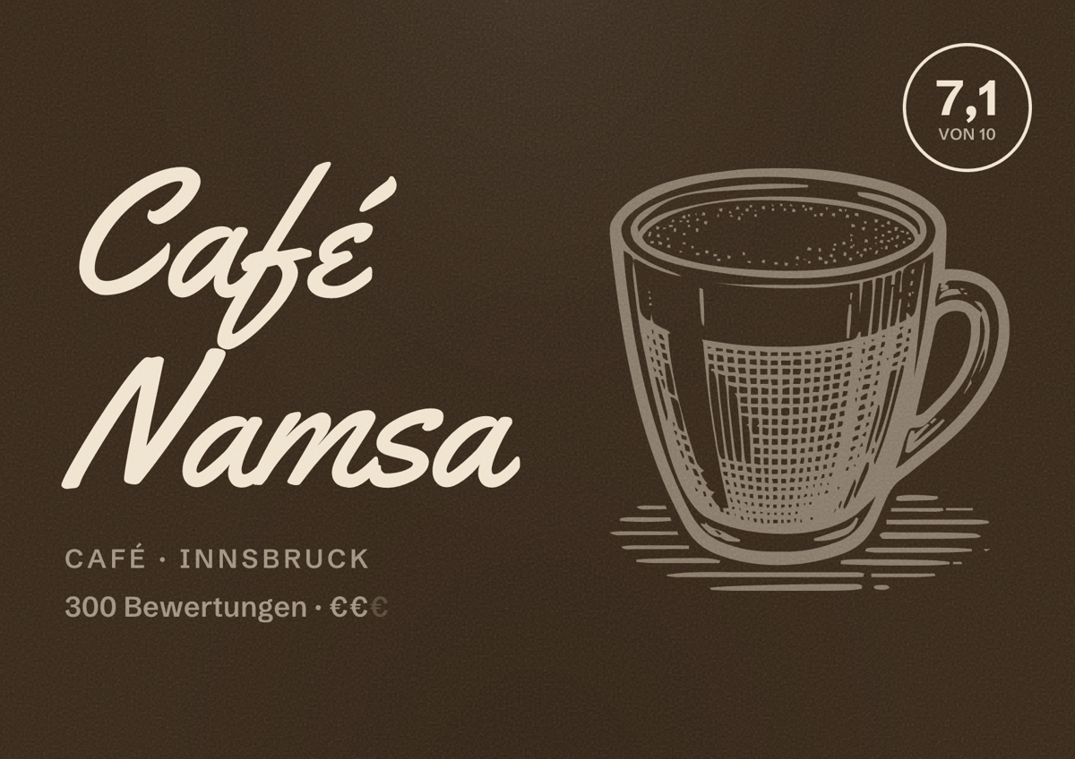 Illustriertes Poster von Café Namsa, Café in Innsbruck: Bewertung 7,1 von 10 aus 300 Bewertungen, Preisniveau €€