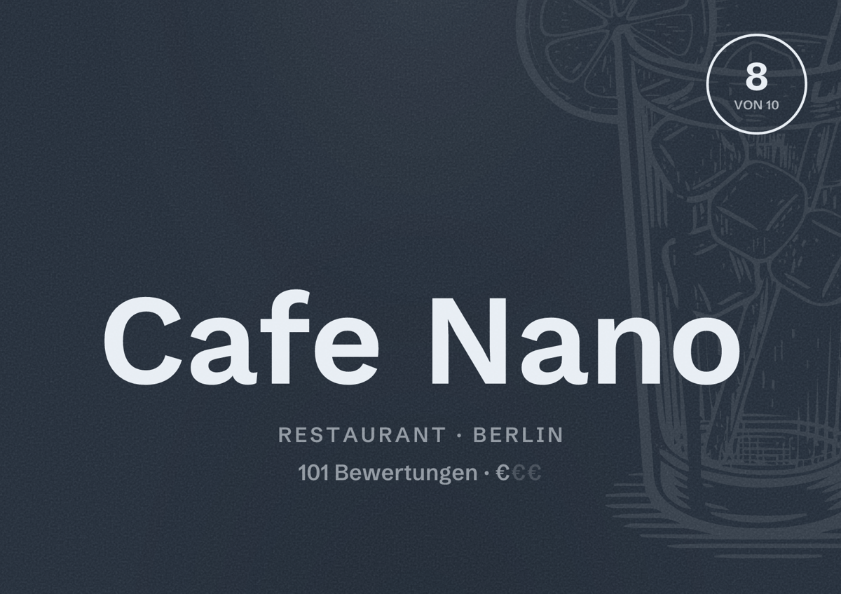 Illustriertes Poster von Cafe Nano, Restaurant in Berlin: Bewertung 8,0 von 10 aus 101 Bewertungen, Preisniveau €