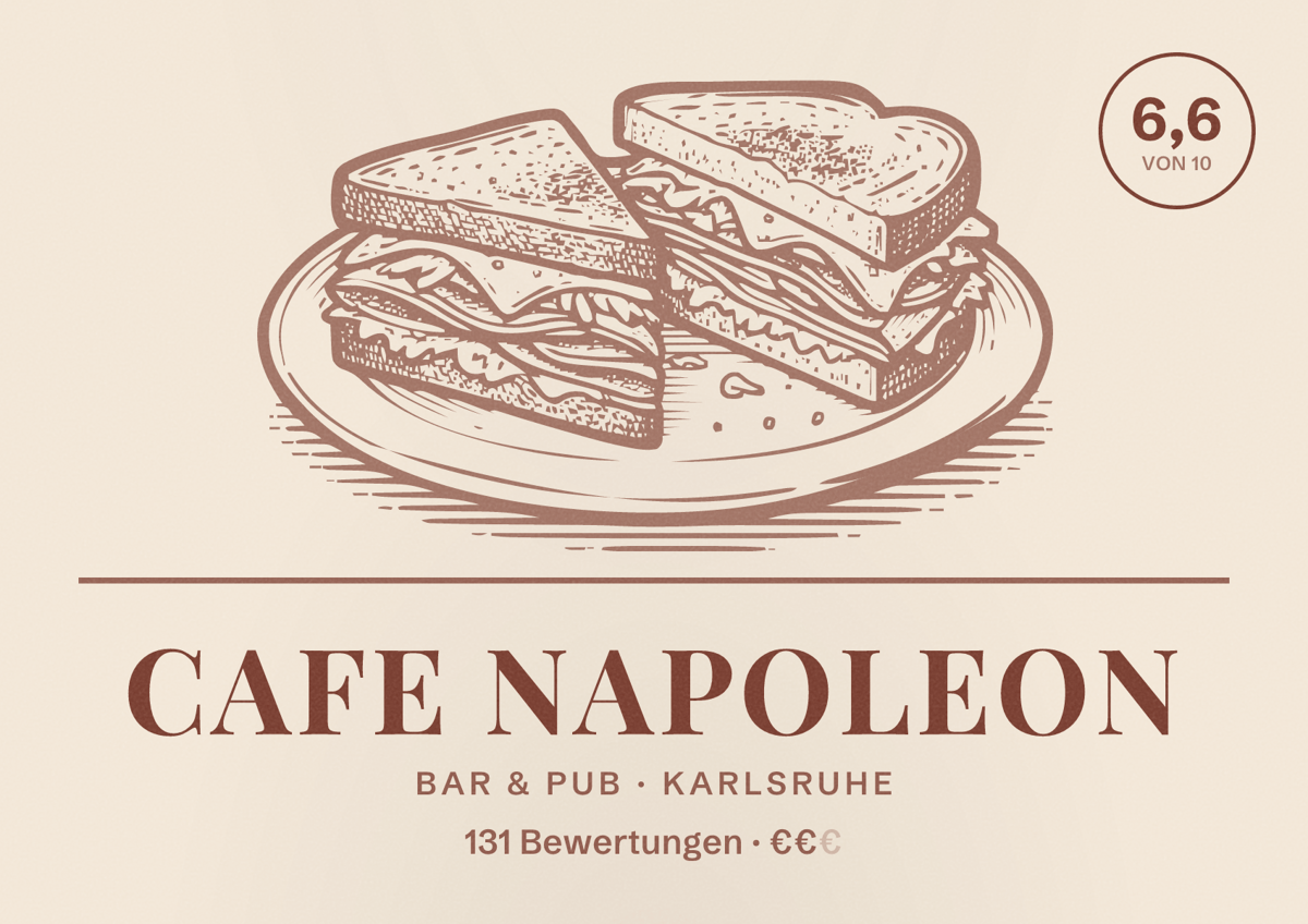 Illustriertes Poster von Cafe Napoleon, Bar & Pub in Karlsruhe: Bewertung 6,6 von 10 aus 131 Bewertungen, Preisniveau €€