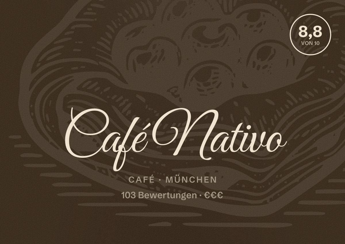 Illustriertes Poster von Café Nativo, Café in München: Bewertung 8,8 von 10 aus 103 Bewertungen, Preisniveau €€€