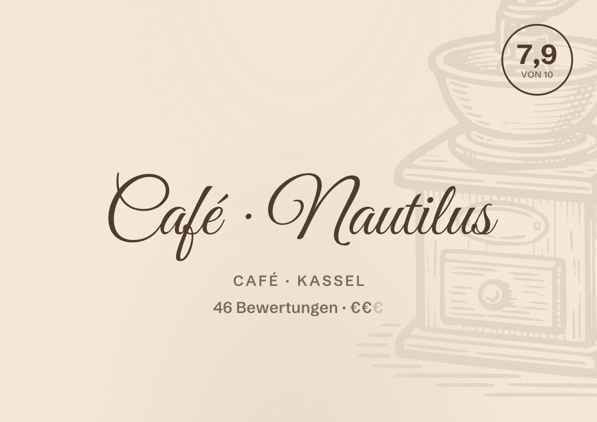 Illustriertes Poster von Café Nautilus, Café in Kassel: Bewertung 7,9 von 10 aus 46 Bewertungen, Preisniveau €€