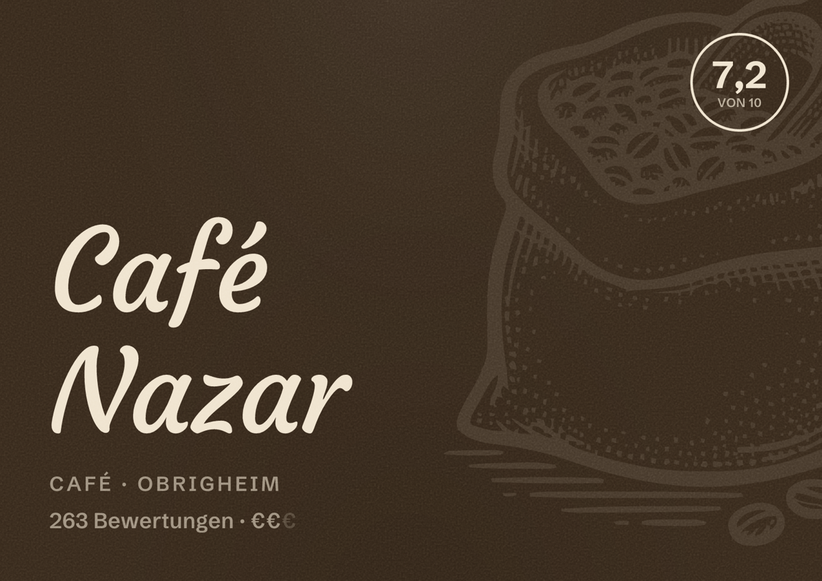 Illustriertes Poster von Café Nazar, Café in Obrigheim: Bewertung 7,2 von 10 aus 263 Bewertungen, Preisniveau €€