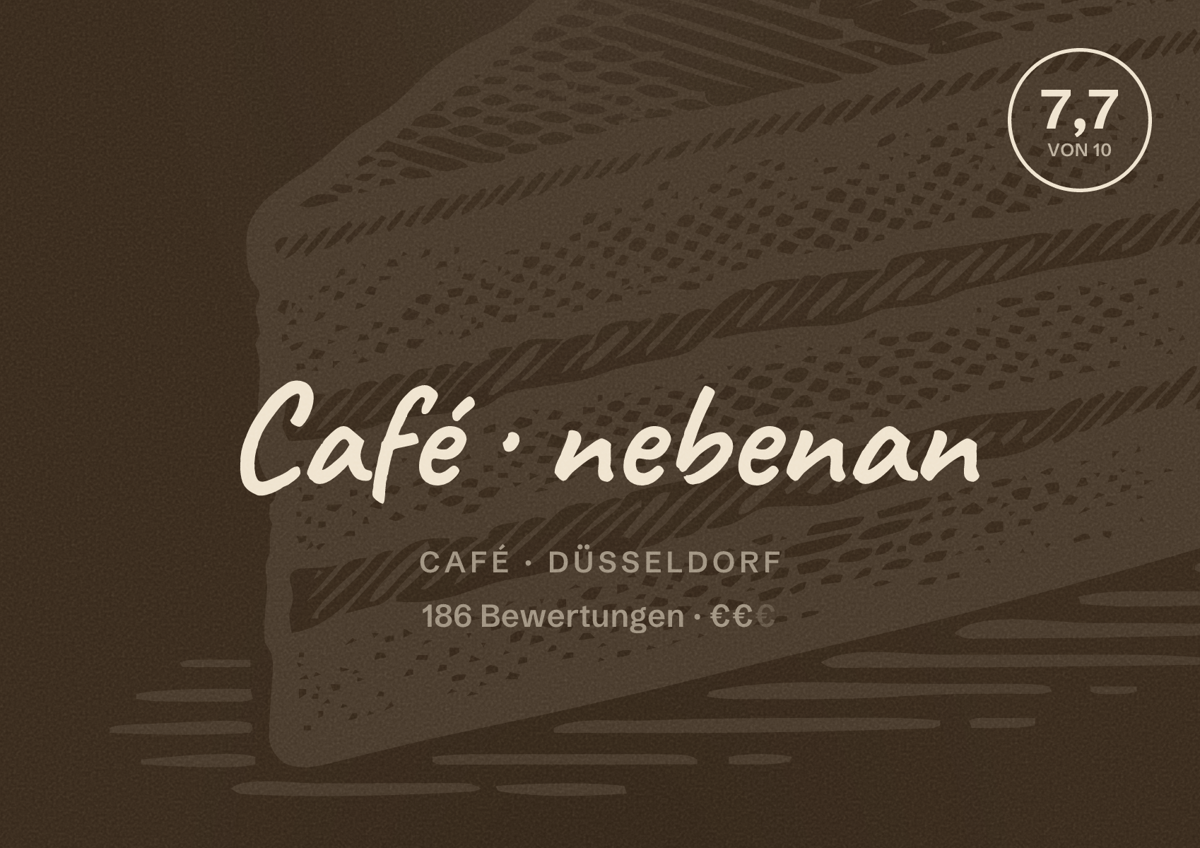 Illustriertes Poster von Café nebenan, Café in Düsseldorf: Bewertung 7,7 von 10 aus 186 Bewertungen, Preisniveau €€