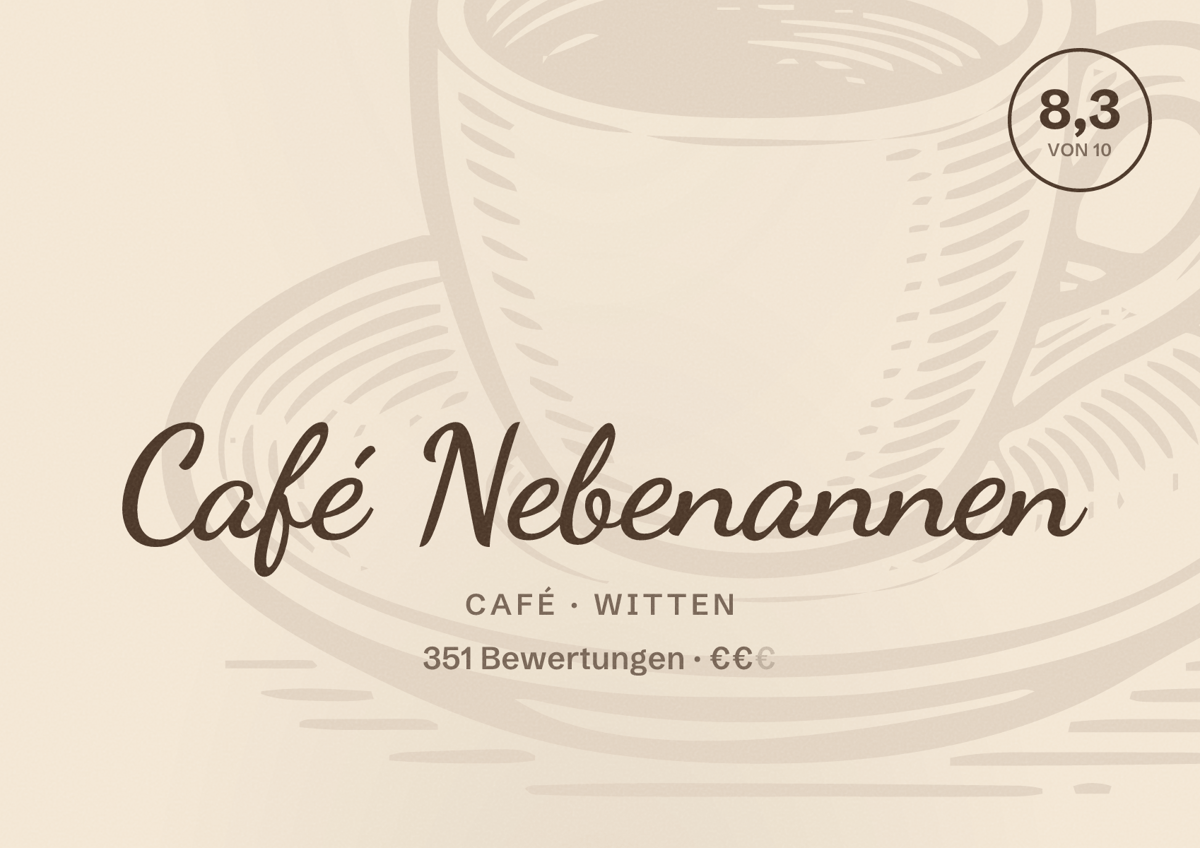 Illustriertes Poster von Café Nebenannen, Café in Witten: Bewertung 8,3 von 10 aus 351 Bewertungen, Preisniveau €€
