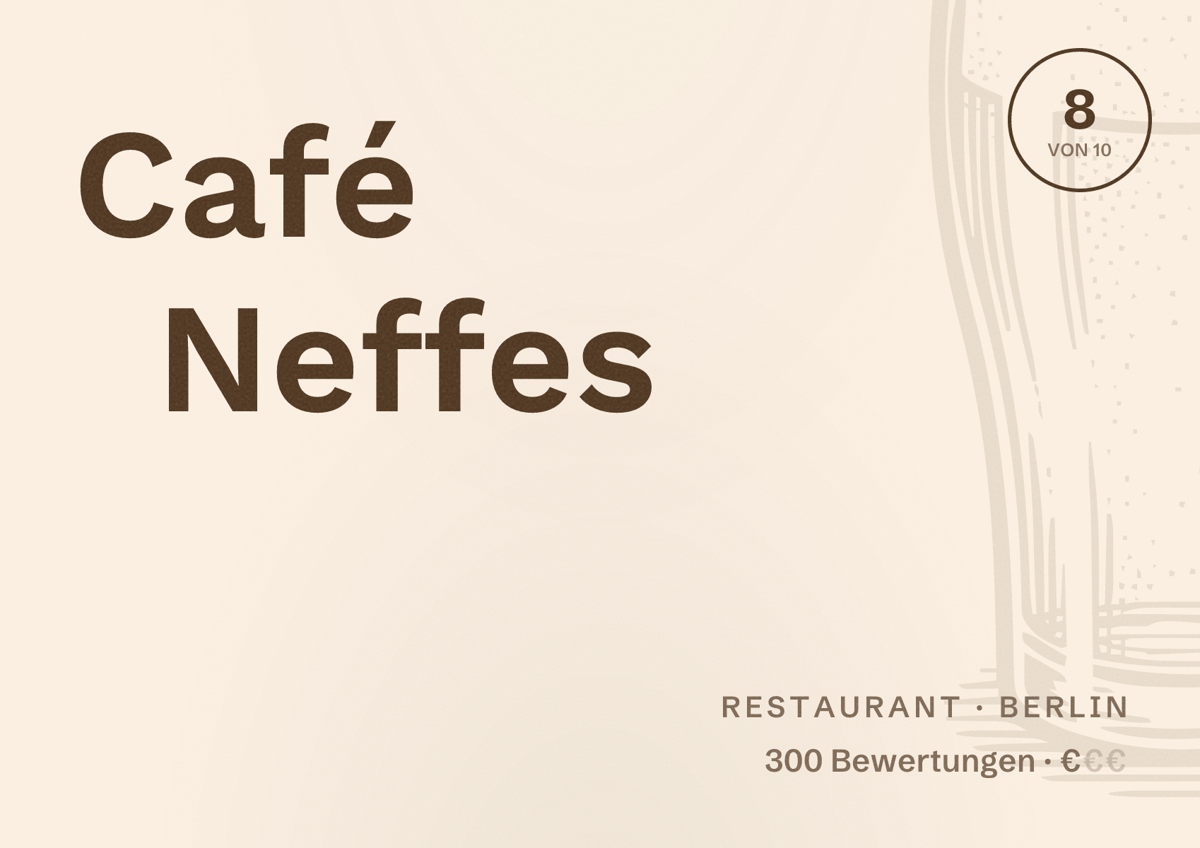 Illustriertes Poster von Café Neffes, Restaurant in Berlin: Bewertung 8,0 von 10 aus 300 Bewertungen, Preisniveau €