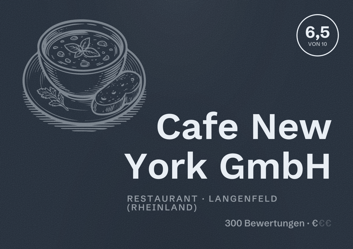 Illustriertes Poster von Cafe New York GmbH, Restaurant in Langenfeld (Rheinland): Bewertung 6,5 von 10 aus 300 Bewertungen, Preisniveau €