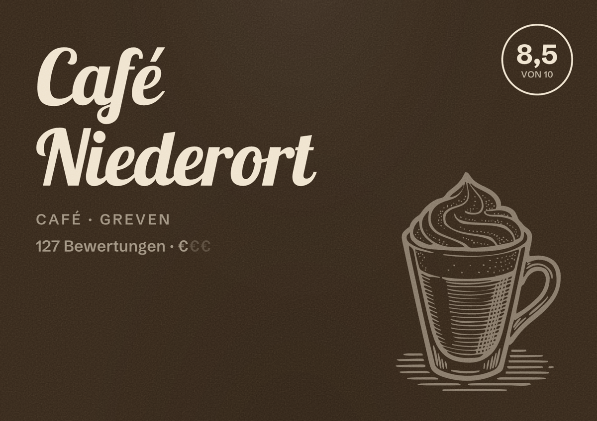 Illustriertes Poster von Café Niederort, Café in Greven: Bewertung 8,5 von 10 aus 127 Bewertungen, Preisniveau €