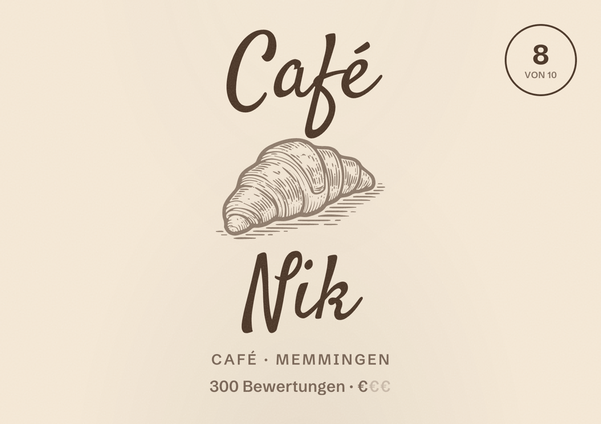 Illustriertes Poster von Café Nik, Café in Memmingen: Bewertung 8 von 10 aus 300 Bewertungen, Preisniveau €