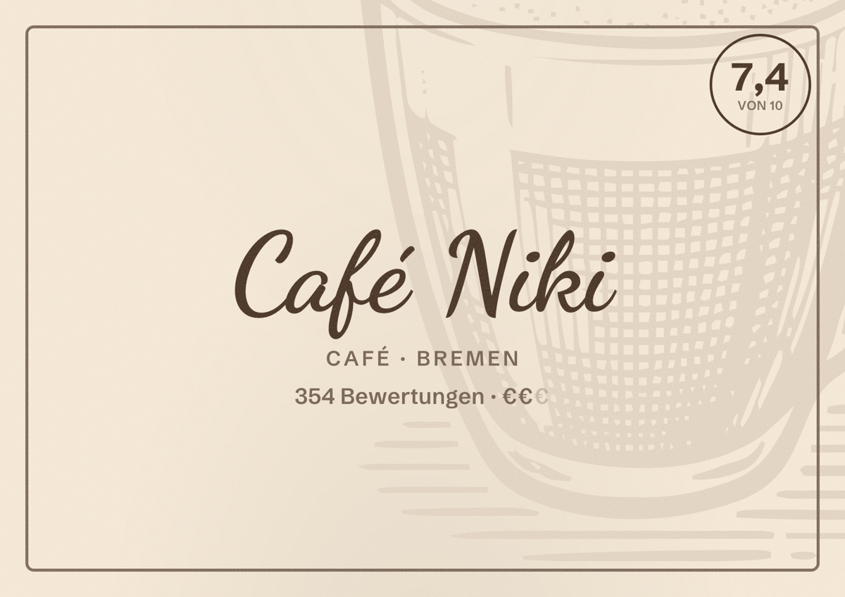 Illustriertes Poster von Café Niki, Café in Bremen: Bewertung 7,4 von 10 aus 354 Bewertungen, Preisniveau €€