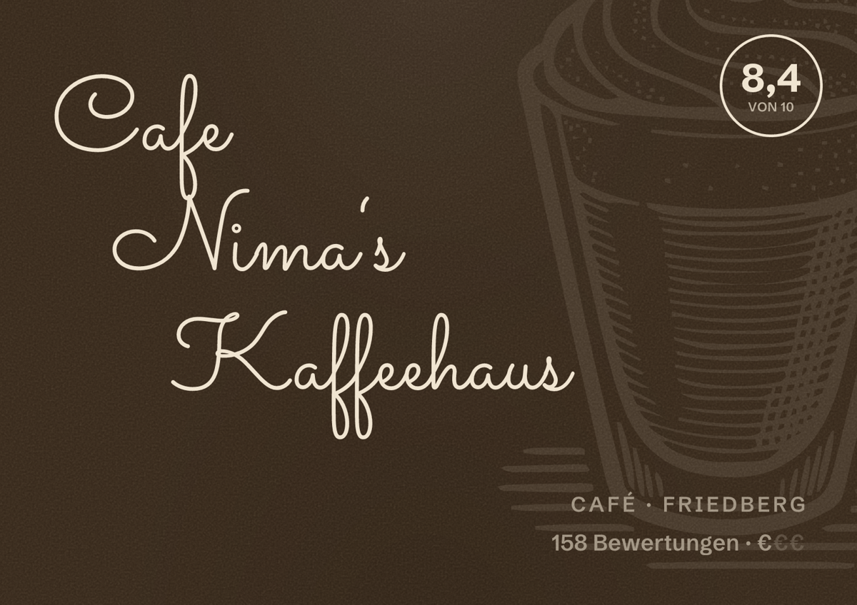 Illustriertes Poster von Cafe Nima‘s Kaffeehaus, Café in Friedberg: Bewertung 8,4 von 10 aus 158 Bewertungen, Preisniveau €