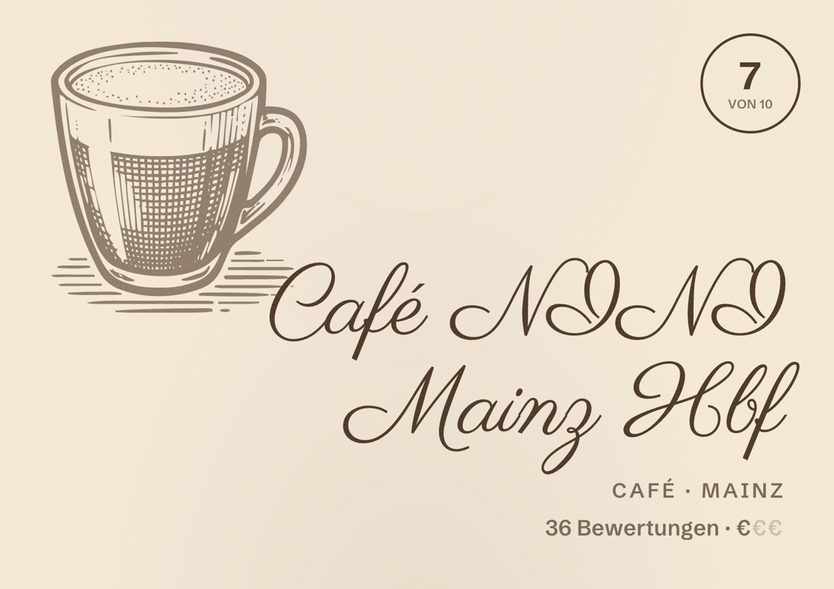 Illustriertes Poster von Café NINI Mainz Hbf, Café in Mainz: Bewertung 7 von 10 aus 36 Bewertungen, Preisniveau €