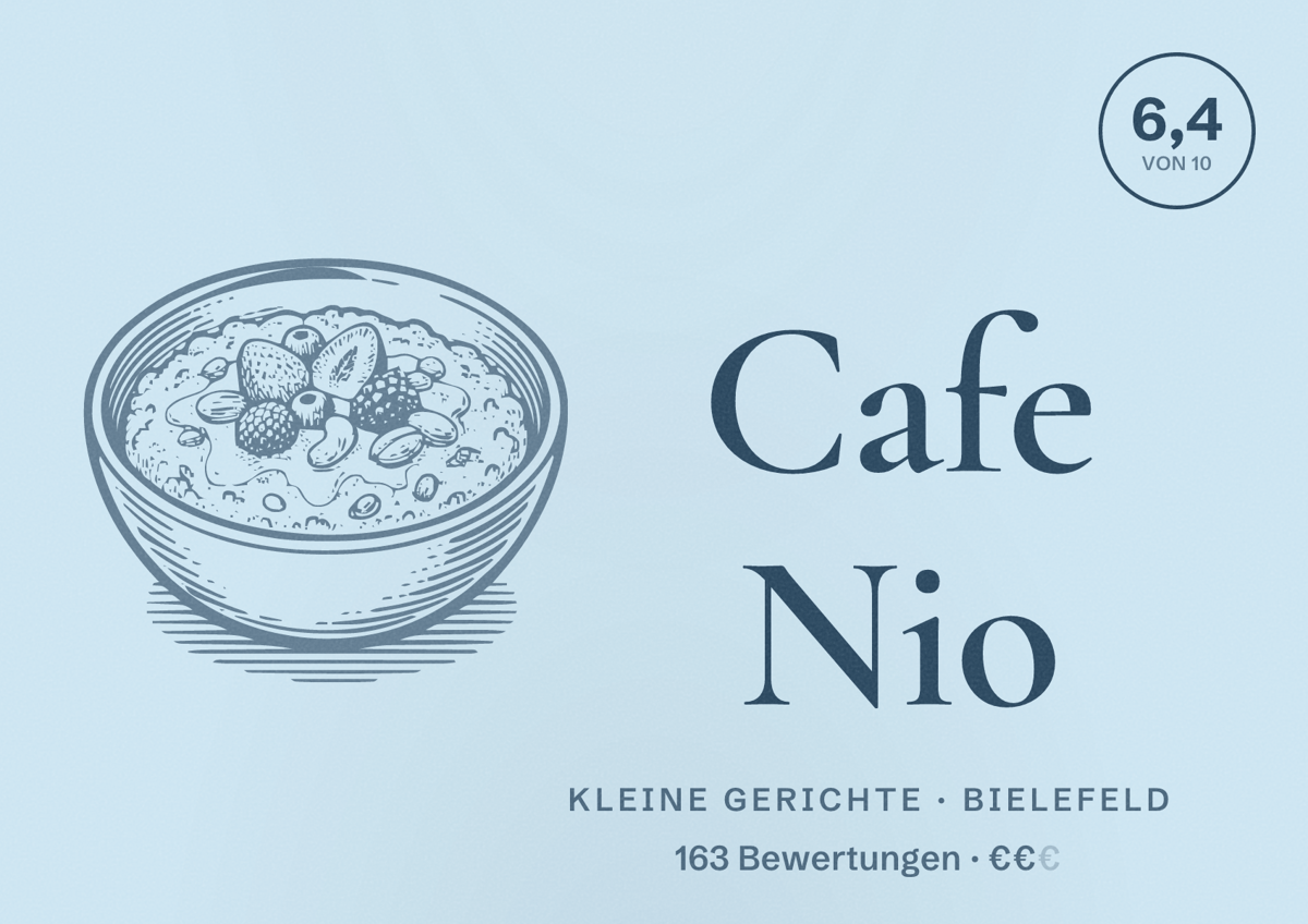 Illustriertes Poster von Cafe Nio, Kleine Gerichte in Bielefeld: Bewertung 6,4 von 10 aus 163 Bewertungen, Preisniveau €€