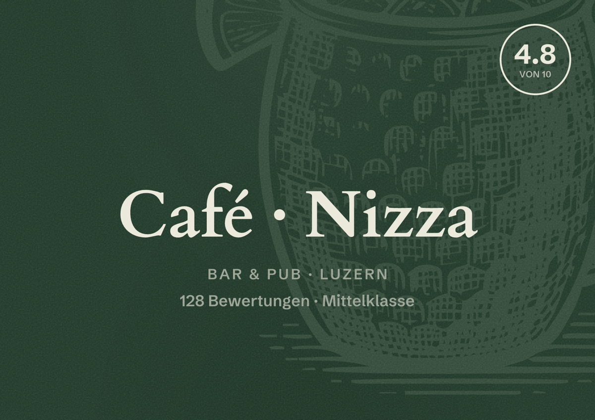 Illustriertes Poster von Café Nizza, Bar & Pub in Luzern: Bewertung 4.8 von 10 aus 128 Bewertungen, Preisniveau Mittelklasse