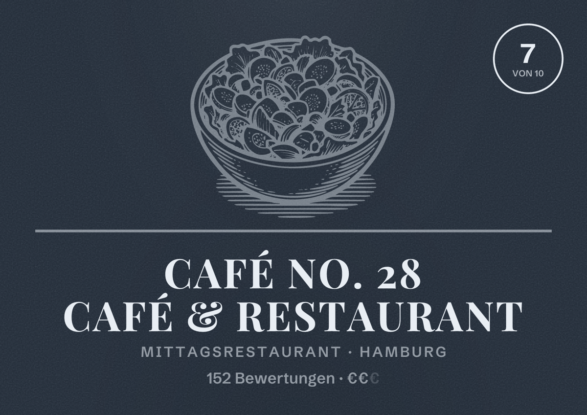 Illustriertes Poster von CAFÉ NO. 28 Café & Restaurant, Mittagsrestaurant in Hamburg: Bewertung 7,0 von 10 aus 152 Bewertungen, Preisniveau €€