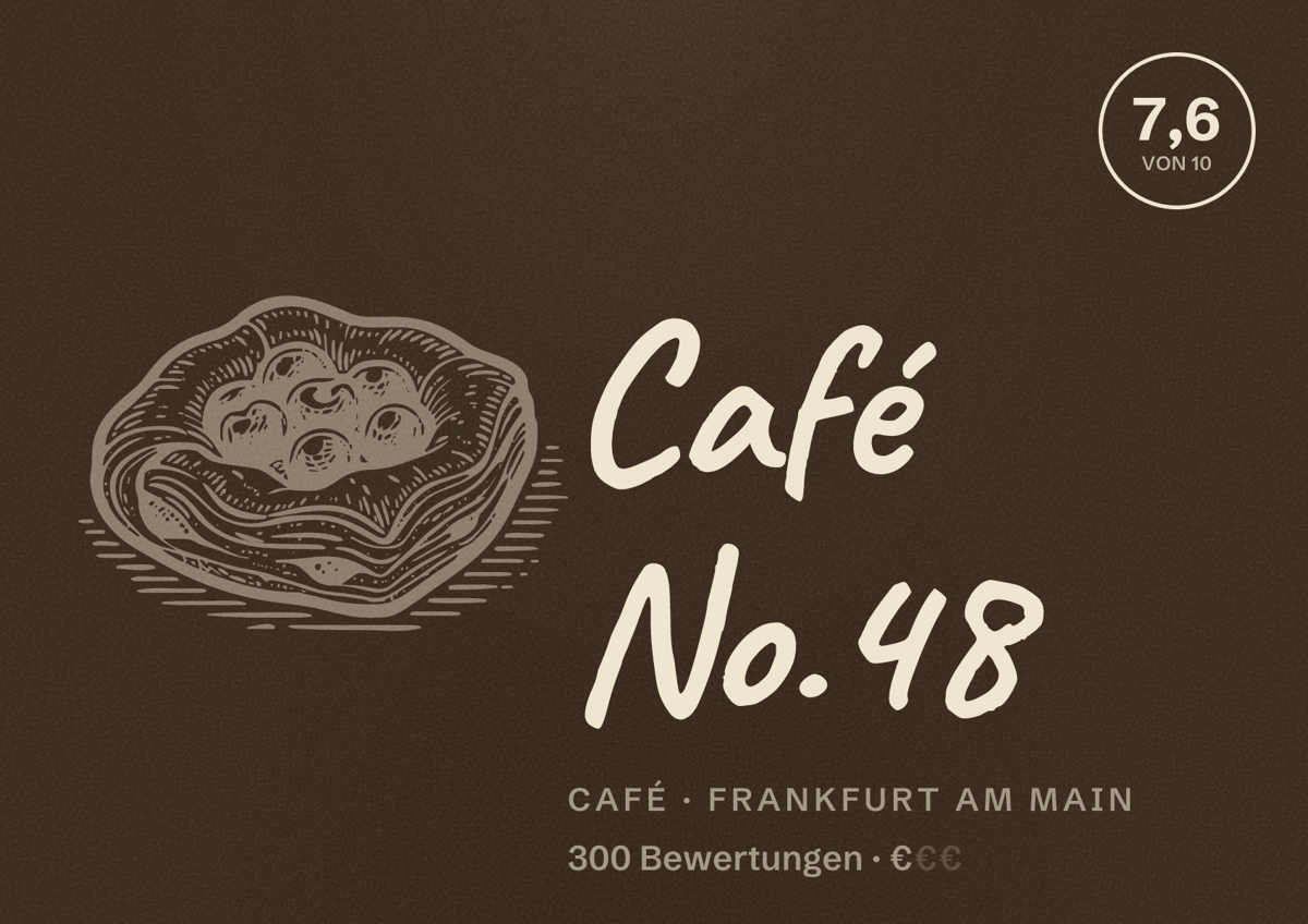Illustriertes Poster von Café No.48, Café in Frankfurt am Main: Bewertung 7,6 von 10 aus 300 Bewertungen, Preisniveau €
