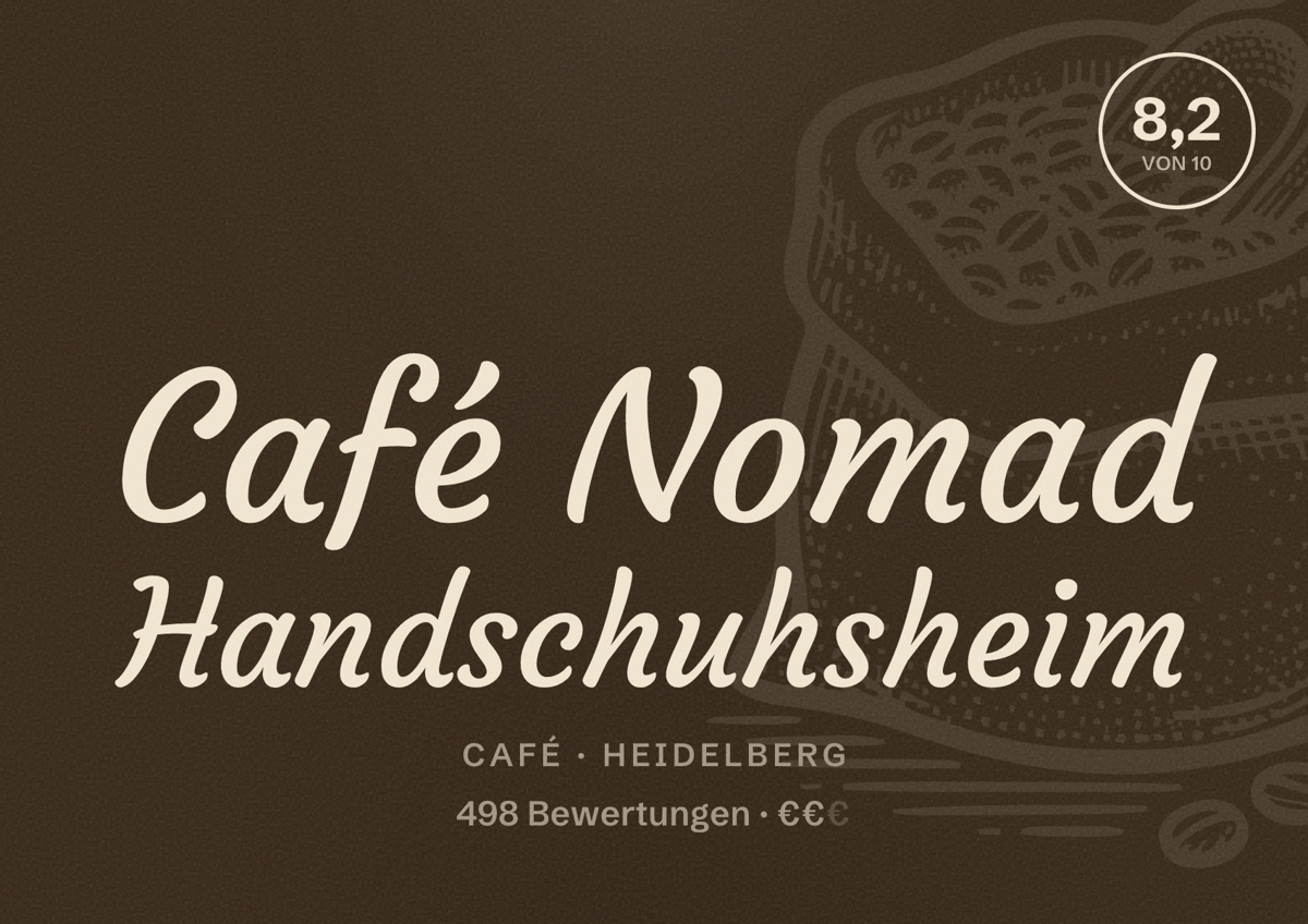 Illustriertes Poster von Café Nomad Handschuhsheim, Café in Heidelberg: Bewertung 8,2 von 10 aus 498 Bewertungen, Preisniveau €€